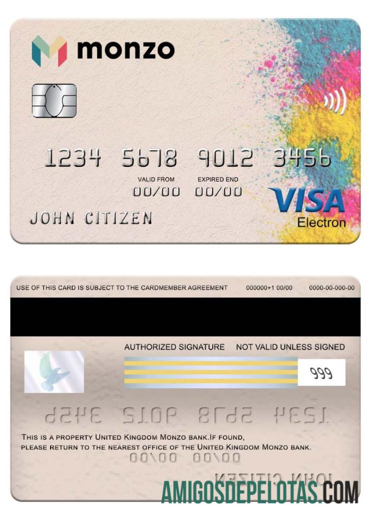 Cartão Visa Electron do Monzo Bank do Reino Unido amostra